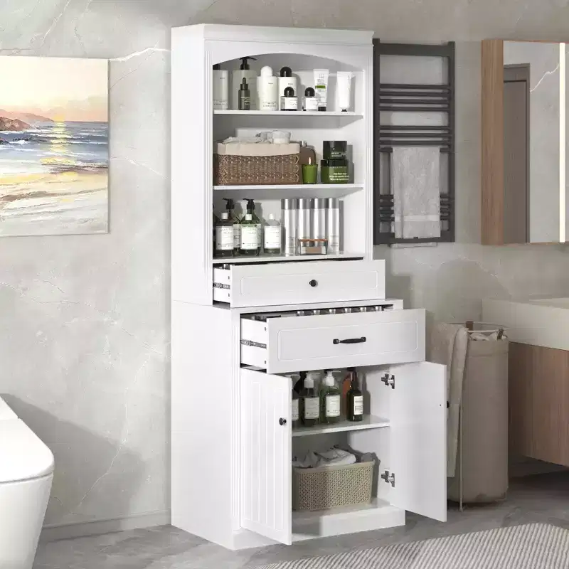 MAYEERTY White Bathroom Cabinet 4 Doors Drawers Adjustable Shelf 6 Open Shelves MDF Combo