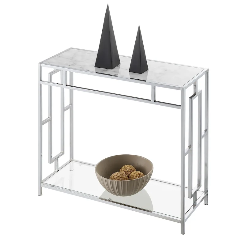 Chrome Faux Marble Glass Hall Table with Shelf