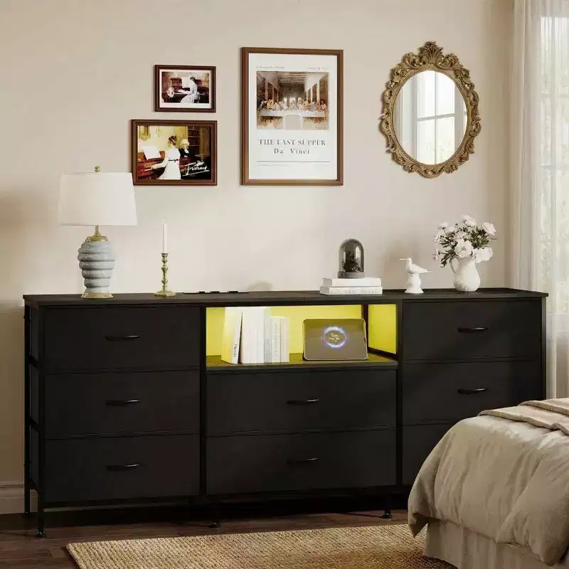 63 Inch LED TV Stand Dresser with 8 Fabric Drawers, Steel Frame & LED Lighting, Storage for 65, 70, 75 Inch TVs, Living Room & Bedroom Organizer