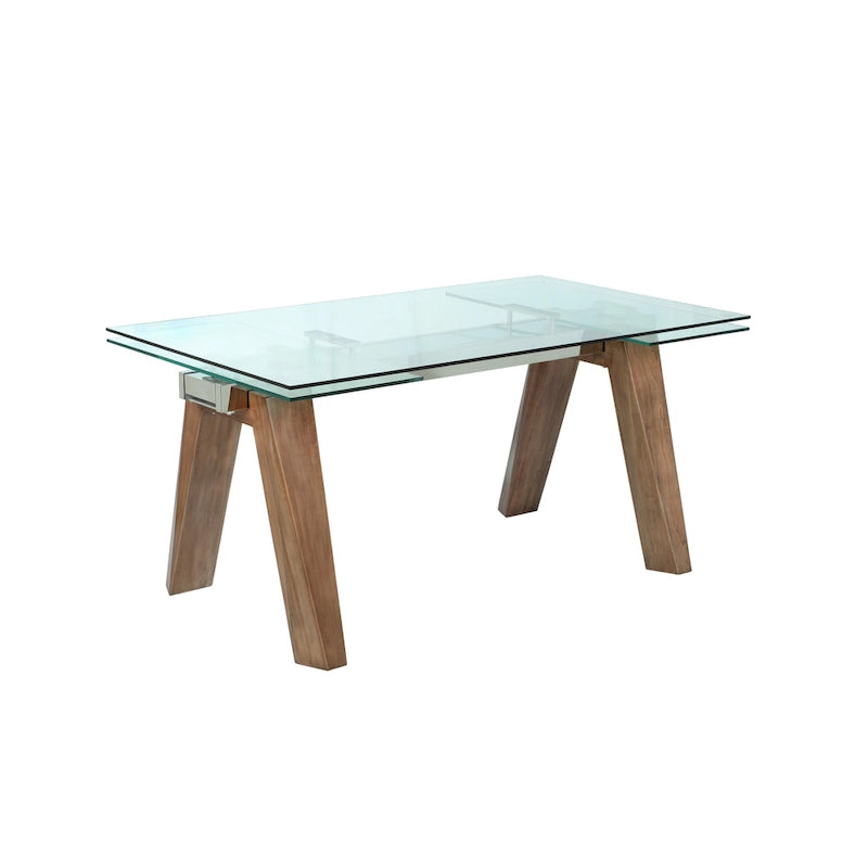 Extendable Glass-Top Dining Table with Solid Wood Legs