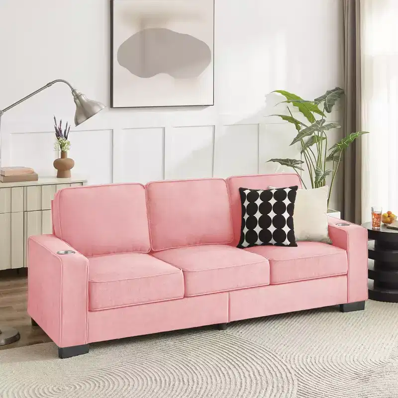 83.86 Inch Modern Snowfleece Couch,3-Seater Sofa with 2 Cup Holders for Living Room,Bedroom,Office,Apartment