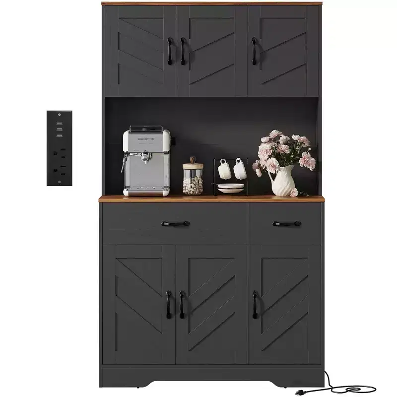 71 Farmhouse Kitchen Pantry Cabinet with Charging Station, Microwave Stand & 2 Drawers, Spacious Storage Hutch for Kitchen Dining Room Coffee Bar