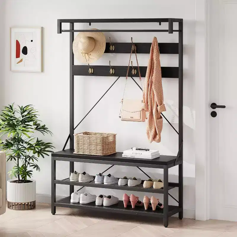 Coat Rack Shoe Bench 72in Tall Hall Tree Shoe Rack with Storage Shelf and Hooks, Removable Industrial Accent Furniture Metal Frame for Home