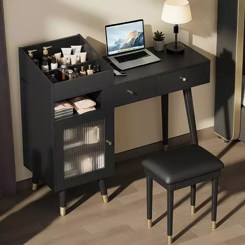 Modern Vanity Desk with Padding Stool, Dressing Table with Drawers, Cabinet & Charging Port, Makeup Table for Small Space, Black