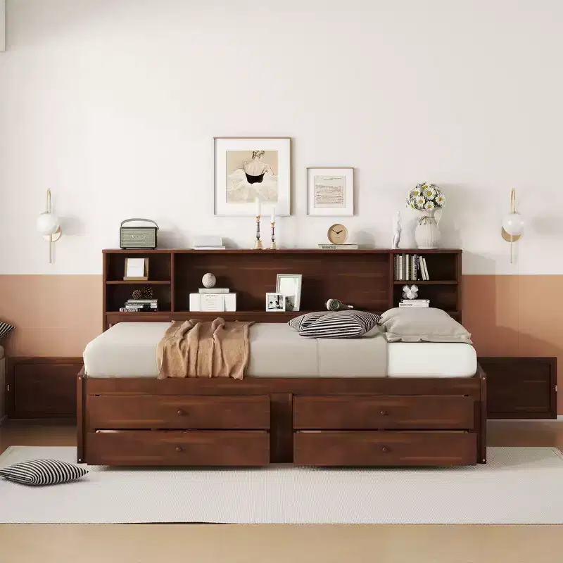 FAMYYT Full Size Wooden Captain Bed?With Built-in Storage Shelves, 4 Drawers and 2 Cabinets, Easy Assembly