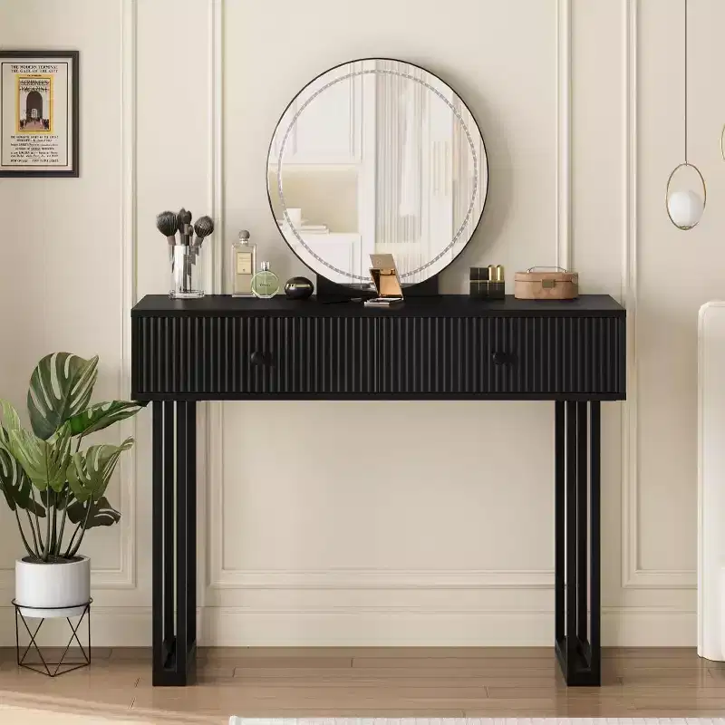 Vanity Desk with Mirror, Makeup Vanity with 2 Drawers, 3 Color LightsAdjustable Brightness