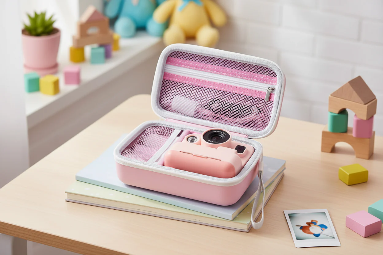 Pink Instant Print Camera Case for Kids Cameras, Storage Organizer with Mesh Pocket, 7.28 x 4.33 x 2.75 in