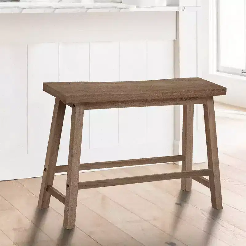 Royal Hampton 33 Inch Saddle Seat Bench with Angled Frame, Sandblasted Acacia Wood Construction