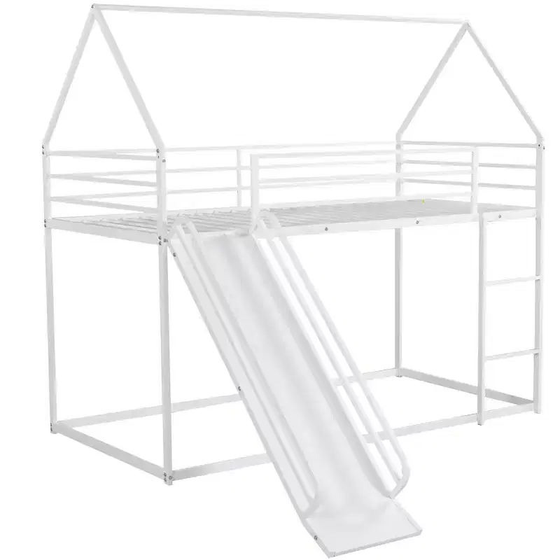 Twin over Twin Metal House Bunk Bed with Convertible Slide and Ladder