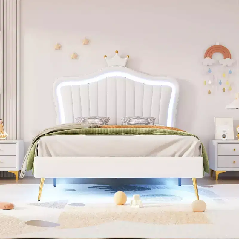 Upholstered Twin Bed Frame with LED Lights and Crown Headboard
