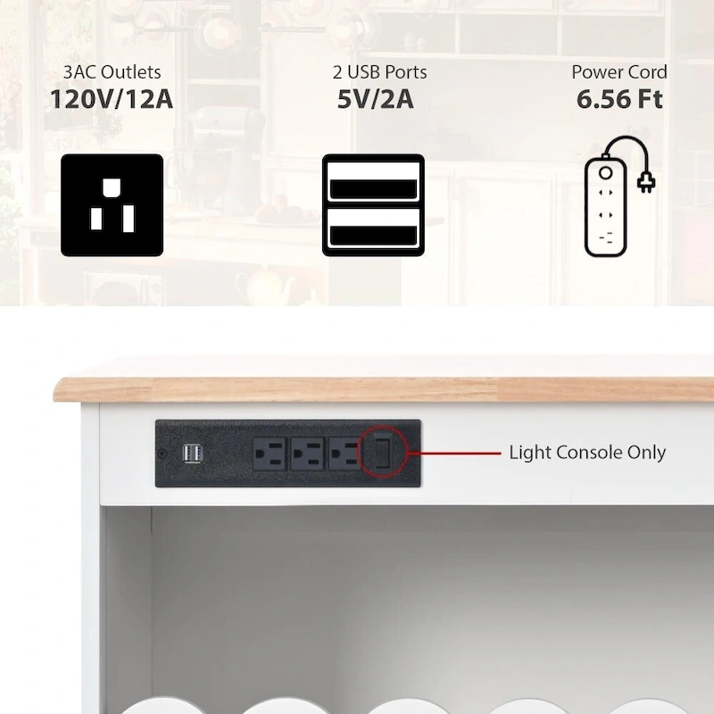 LED Light Kitchen Island on Wheels with Drop Leaf and Power Outlets