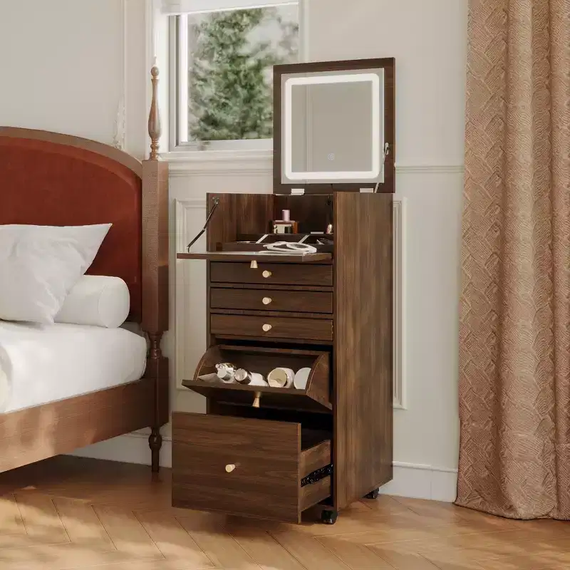 Walnut Rolling Vanity Dresser LED Mirror + Multi-Layer Storage + Foldable Worktop