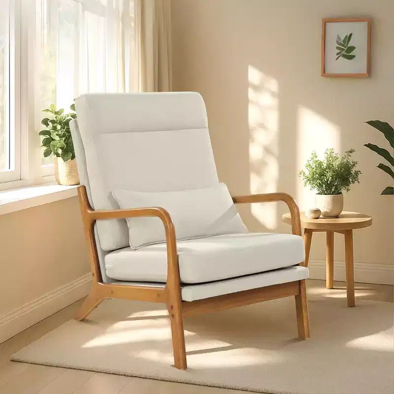 VEVOR Accent Chair, High Back Mid Century Modern Armchair with Solid Wood Frame and Non-Slip Legs, Upholstered Leisure Chair, Beige