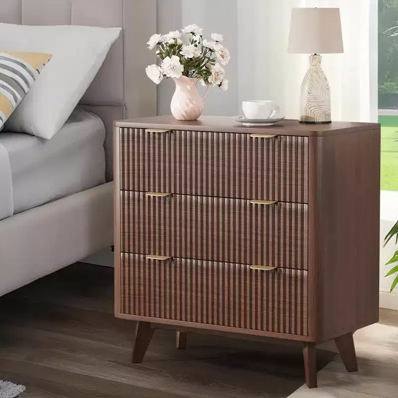 Modern Nightstand Set of 2, Fluted Nightstand with Faux Marble Top, 3-Drawer Large Bedside Table, 32 Wide Curved Accent Nightstands