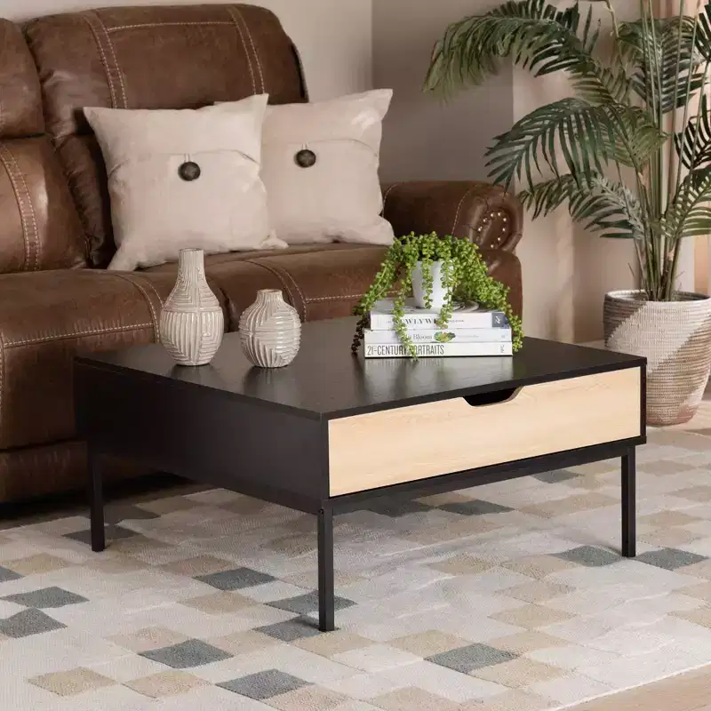 Haben Two-Tone Wood Coffee Table Oak Brown/Black - Baxton Studio: Industrial Square Design, Open Shelf, Drawer, Living Room