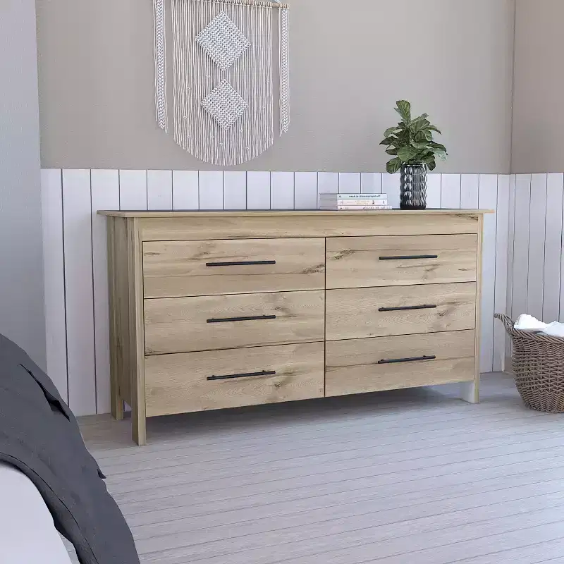 Okak Modern 6-Drawer Dresser Contemporary Storage with Black Metal Handles, Versatile Rectangle Chest for Living Room, Easy-Glide Drawers
