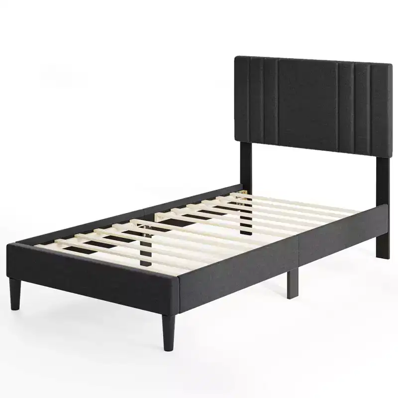 Twin / Full / Queen Size Bed Frame w/ Vertical Channel Tufted Headboard & Wooden Slats