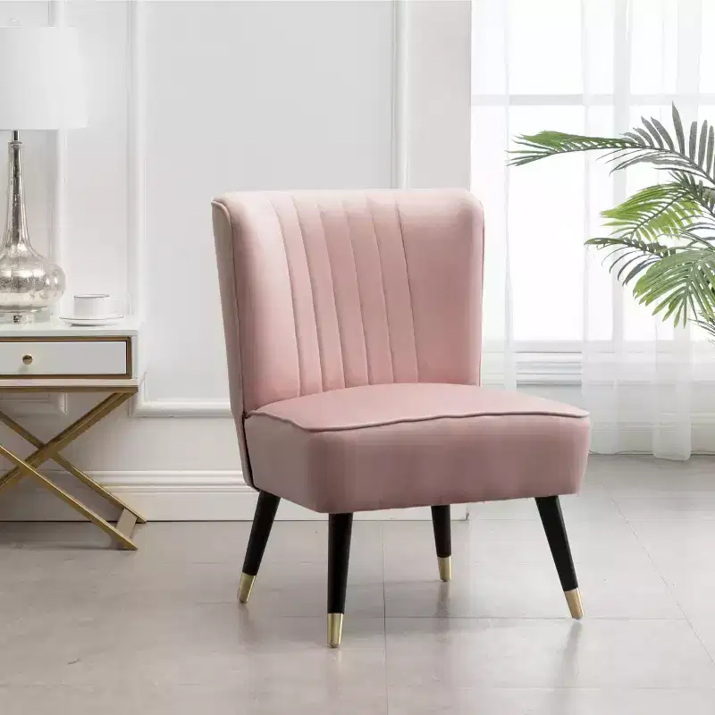 Contemporary Velvet Upholstered Accent Chair – Curved Back, Rubberwood Legs, Pink/Blue/Gray