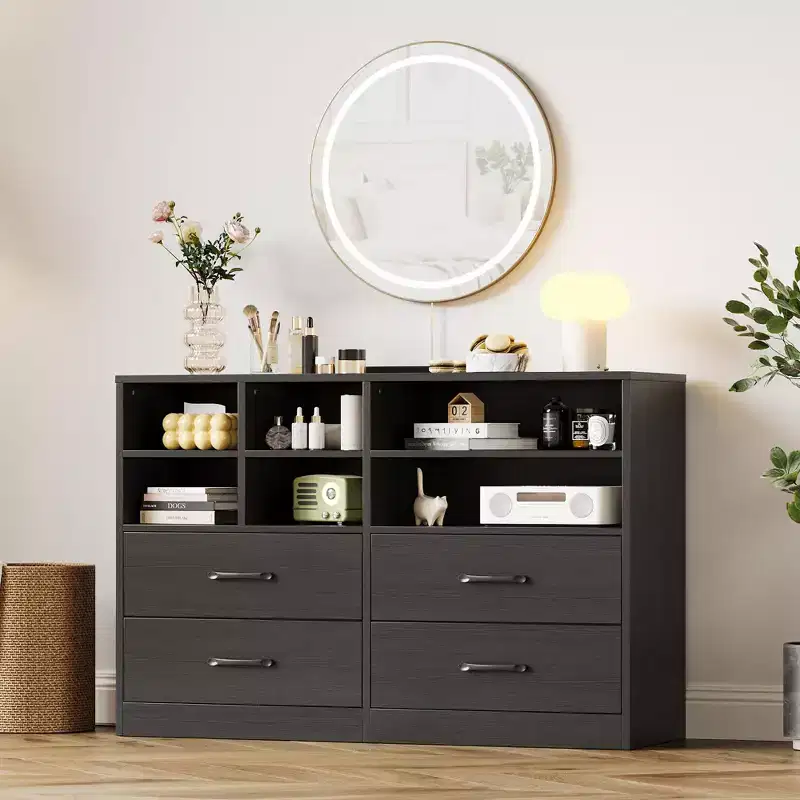 Modern 4-Drawer Dresser with Storage Cubbies, Multi-Functional TV Stand and Organizer for Bedroom and Living Room