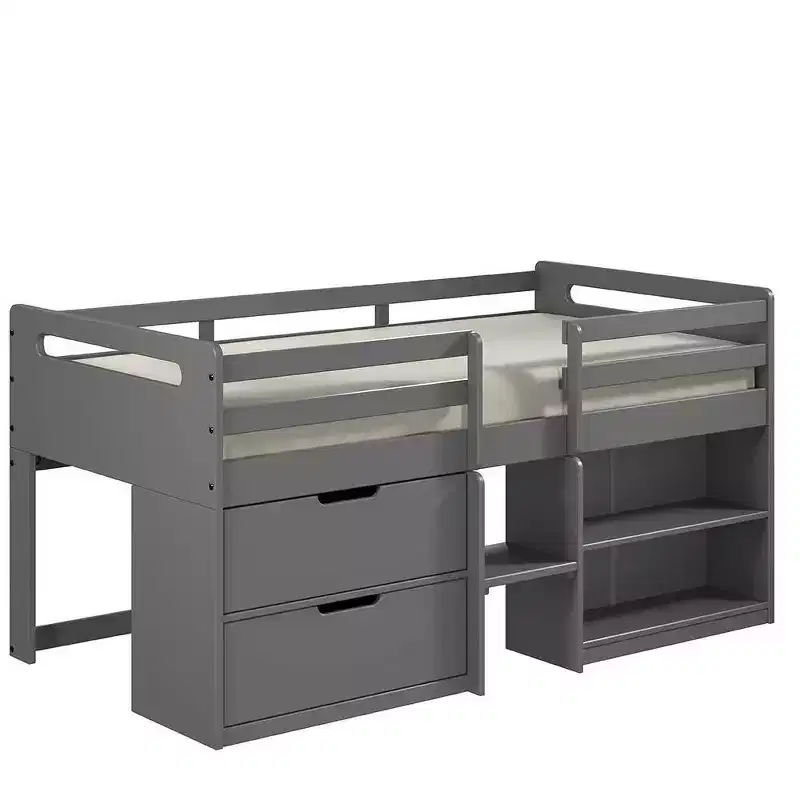 Twin Loft Bed with Under-Bed Drawer, Bookshelf & Fixed Ladder, Gray Finish, 77