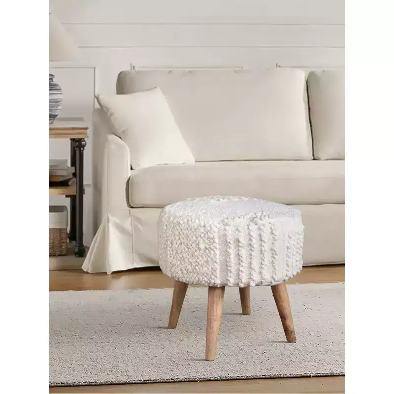 White Boucle Patchwork Handwoven Stool, 1-Person