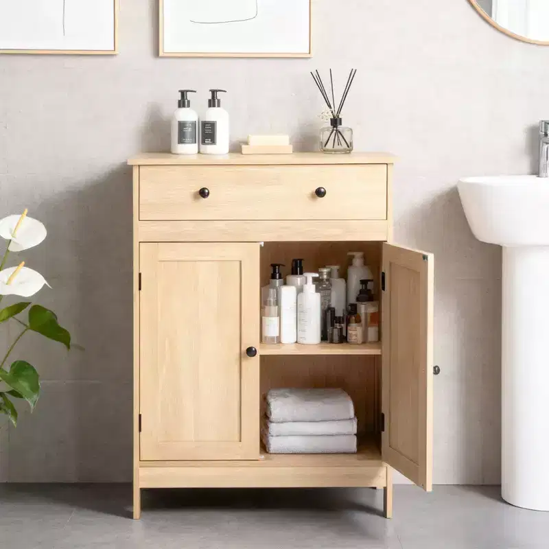 Oak Bathroom Storage Cabinet with 2 Doors and 1 Drawer