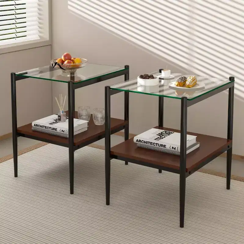 Set of 2 Rectangle End Table, Tempered Glass Tabletop with MDF layer,Transparent Glass