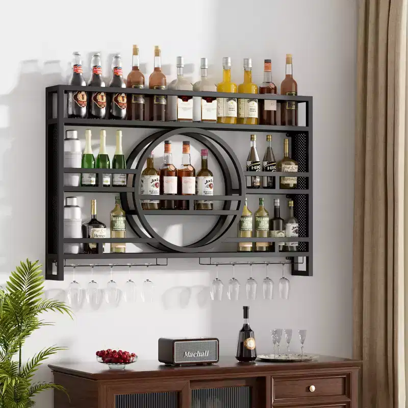 Bekrvio 3-Tier Wall Mounted Wine Rack, 39in/47in Metal Floating Bar Shelves with Wine Glass Holder, Industrial Liquor Shelf for Home Bar