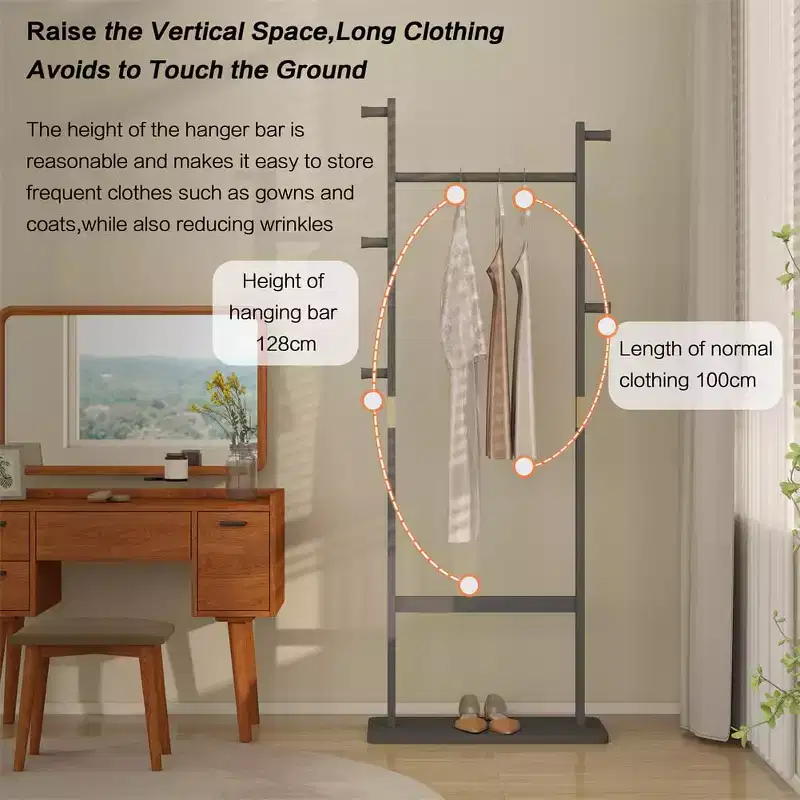 Freestanding Wooden Coat Rack Stand, Coat Tree with 5 Hooks and 2 Hangers, Jacket Holder for Entryway, Bedroom, or Office