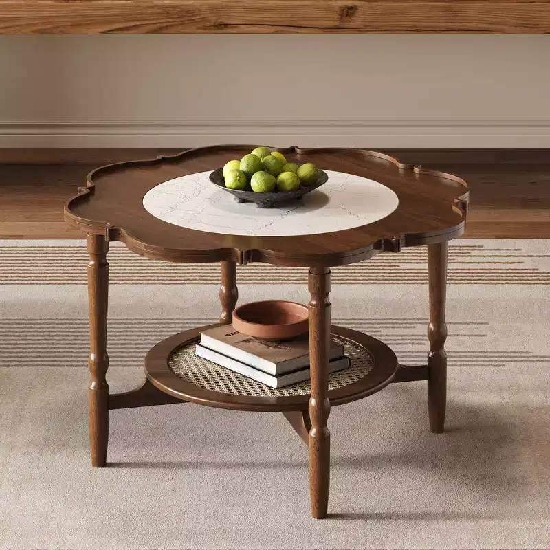 Whisen Petal Shaped Mid Century Coffee Table with Crackle Glass Top and 2-Tiered Rattan Storage Shelf - Walnut