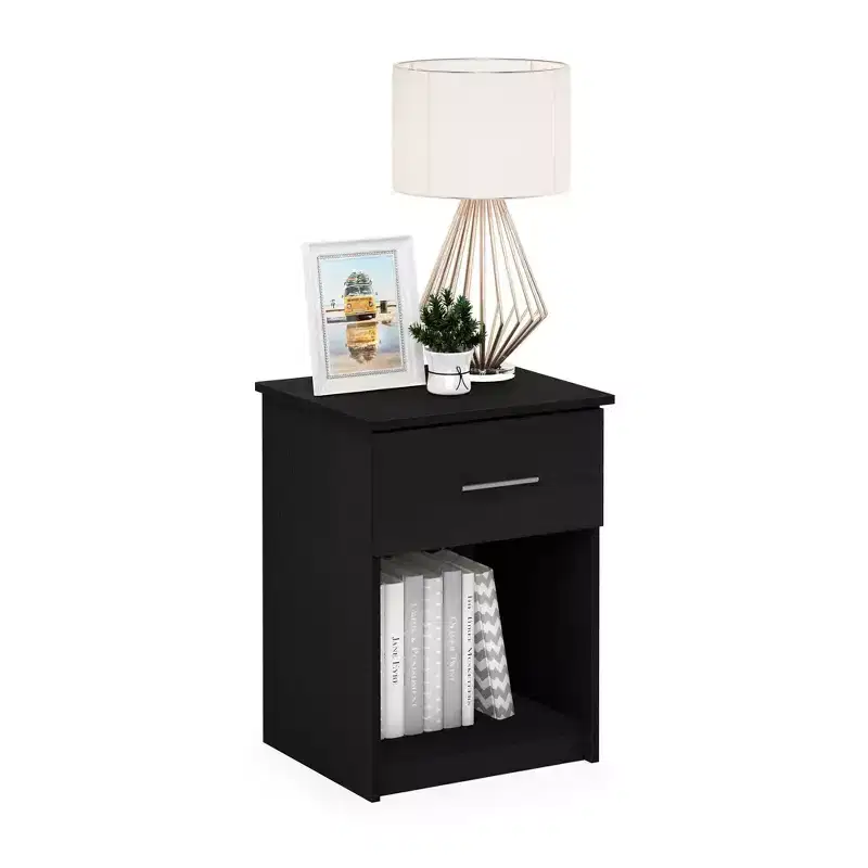 Furinno Mid-Century Nightstand Bedside End Table W/Drawer & Open Storage Cube,Americano
