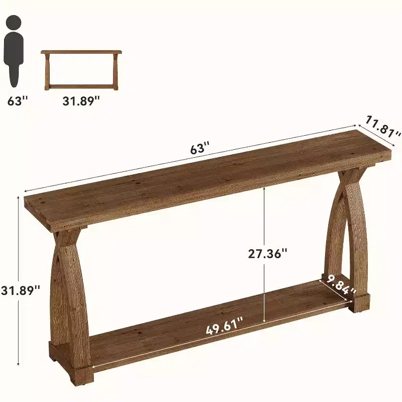 Lantine 63-Inch Solid Wood Console Table, Narrow Long Sofa Table with 2-Tier Shelf for Entryway, Living Room, Hallway, Coffee Brown