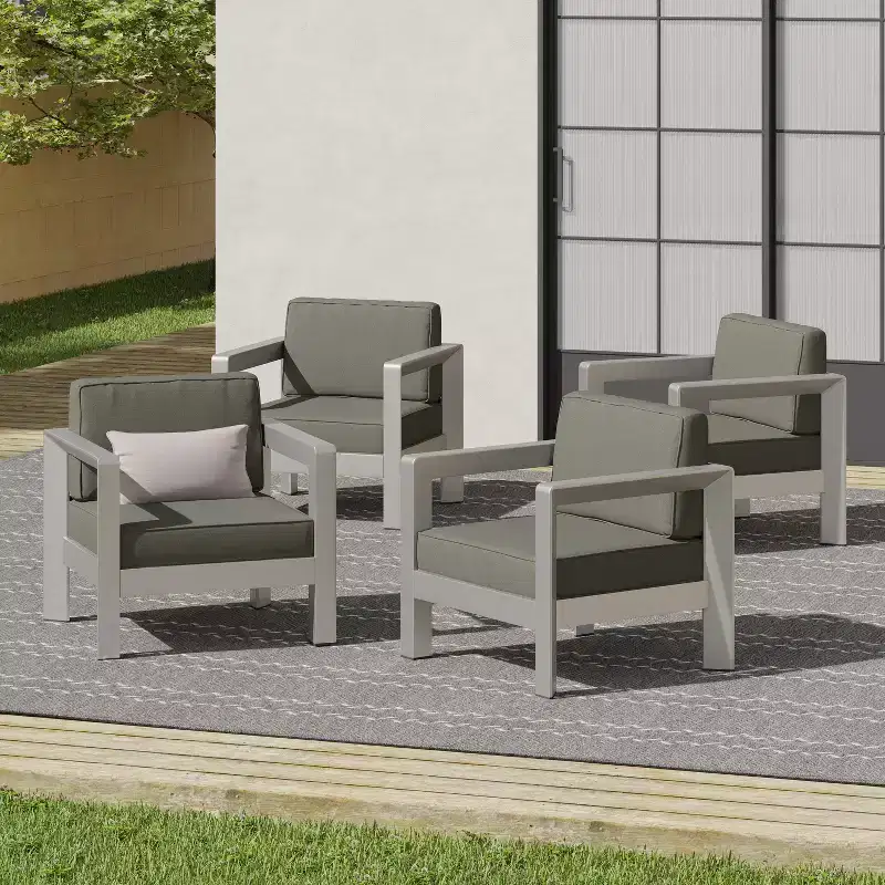Christopher Knight Home Aviara Outdoor Aluminum Club Chair with Cushions (Set of 4), Silver/Khaki