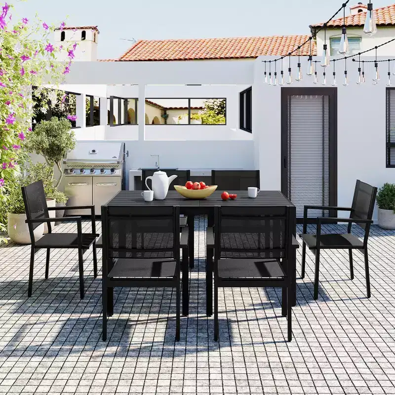 Whisen 7-Piece Weather Resistant Steel Outdoor Table and Chair Dining Sets, Patio Dining Set for Balcony, Backyard