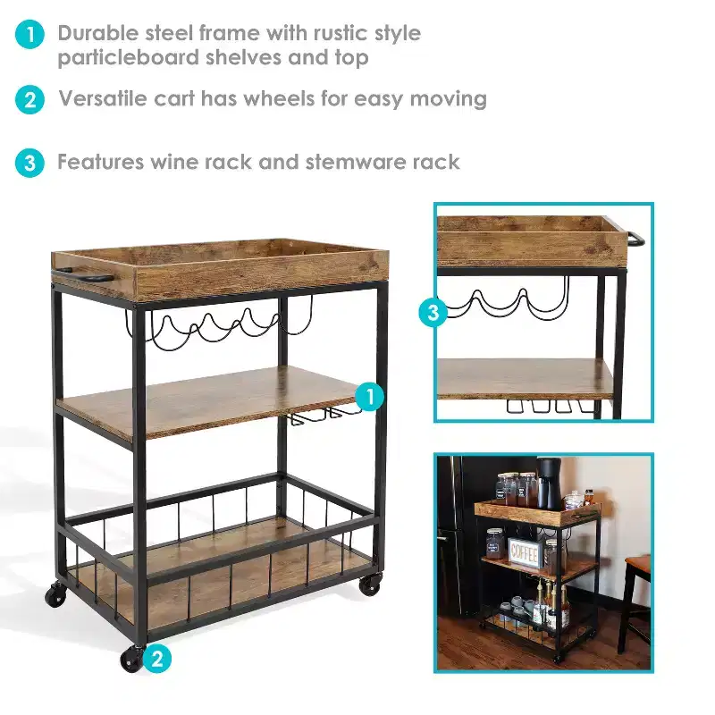 Sunnydaze 3 Tier Rustic Industrial Style Rolling Indoor Bar Cart with Wine Bottle and Stemware Rack
