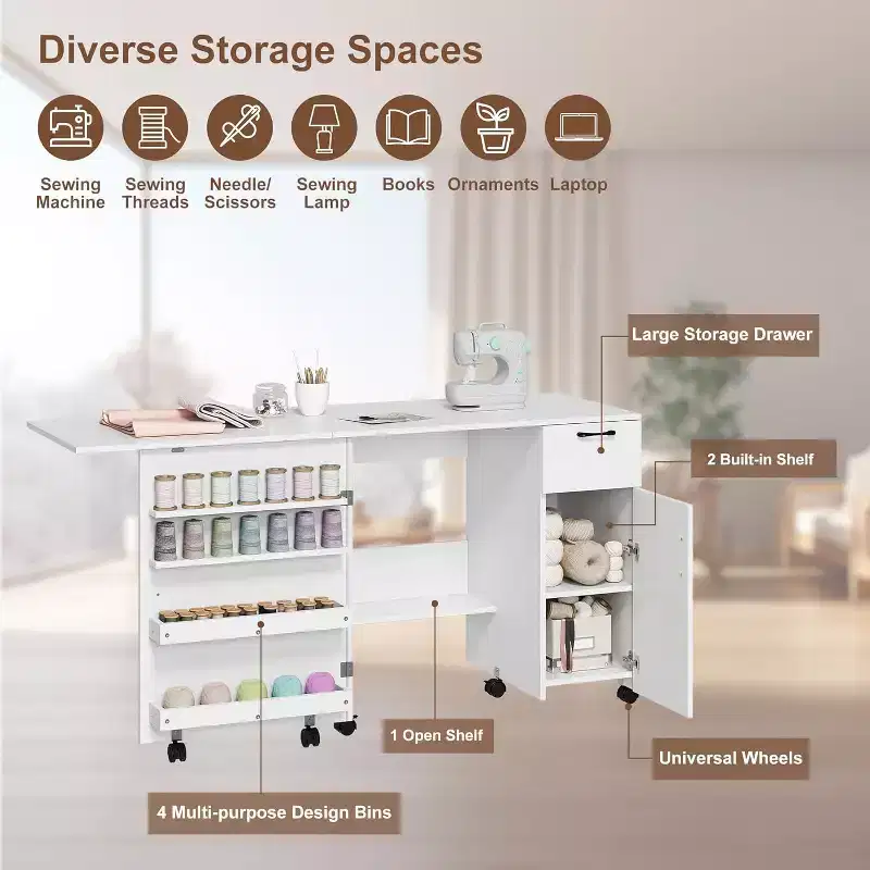 Folding Sewing Machine Cabinet with Wheels, Space-Saving Craft Table with Storage Shelves & Drawer, Rolling Organizer Desk for Bedroom, Small Spaces