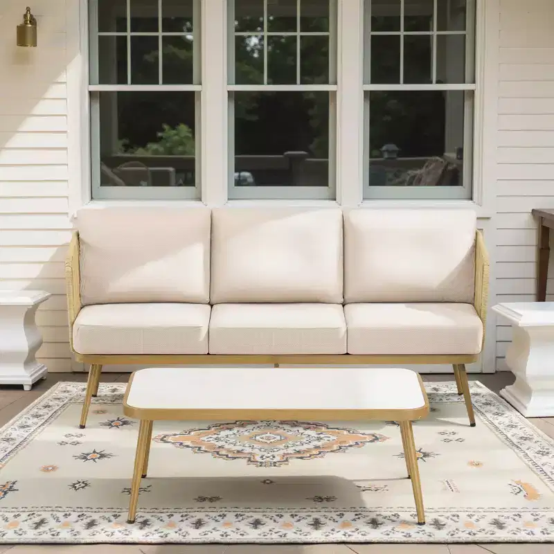 GDFStudio Ralph Outdoor Wicker and Steel Chat Set with 3-Seater Sofa and Coffee Table