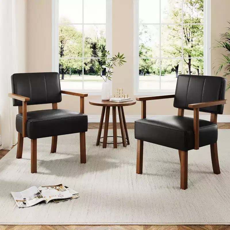 Mid-Century Modern Dining Armchair - Cream-colored Wood Frame, Beige Linen or PU Leather Upholstery - Classic Vertical Stripes or Button Tufting