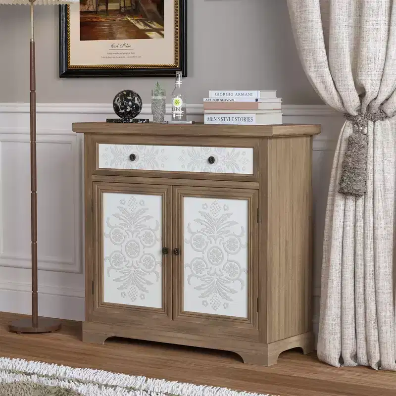 Rustic Farmhouse Accent Cabinet with Carved Floral Doors, 1 Drawer and Double-Door Storage for Living Room or Entryway