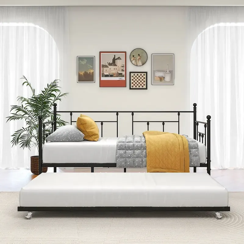 Black Metal Twin Size Daybed with Pull-Out Trundle for 1–2 Person