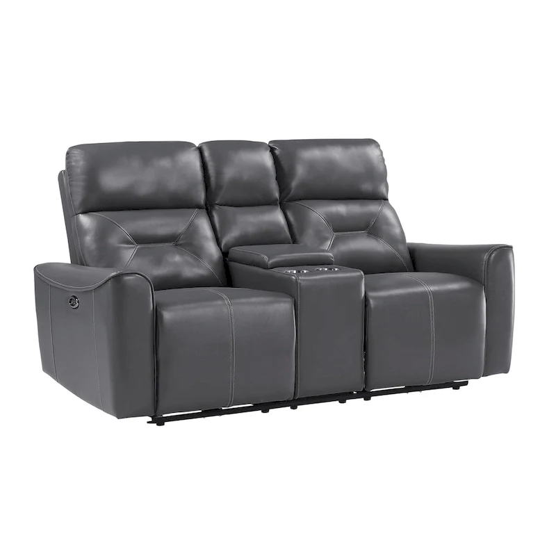 73 Inch Power Double Recliner Loveseat, Dark Gray Faux Leather, Wood