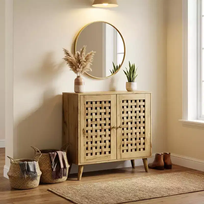 Accent Storage Cabinet with Woven Doors, Sideboard Buffet Cabinet with Shelves