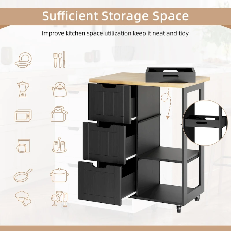 Futzca Kitchen Island Cart with 3 Open Shelves and 3 Drawers - N/A