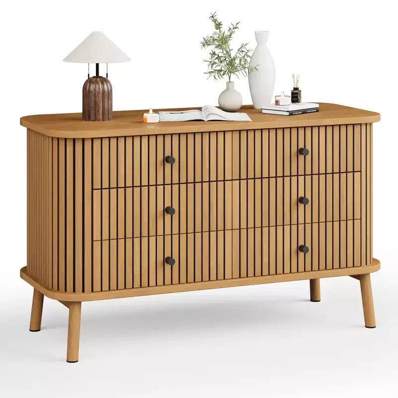 47 Inch Farmhouse Dresser with 6 Drawers & Metal Legs - Compact Wooden Chest of Drawers for Bedroom, Apartment, Space-Saving Storage Organizer