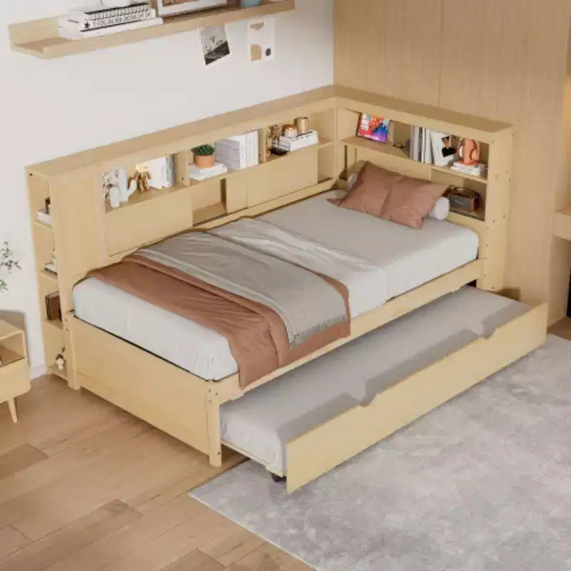 Twin Size Wood Daybed with Storage Shelves, USB and Trundle, Natural
