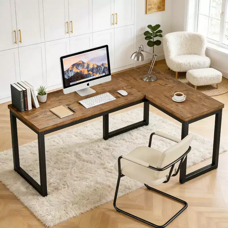 66 Inch L-Shaped Corner Computer Desk, 1.2 Extra-Thick Desktop, Heavy-Duty Metal Frame, Home Office Gaming Writing Workstation, Rustic Brown