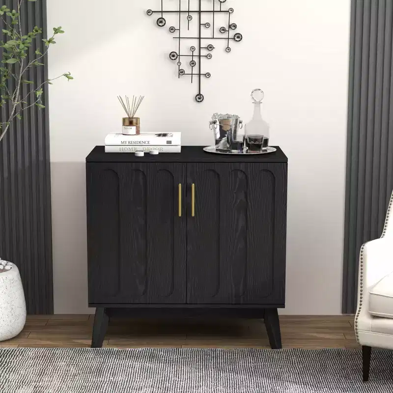 A mid-century modern style recessed sideboard with an adjustable lift rod and solid wood legs, suitable for the living room.