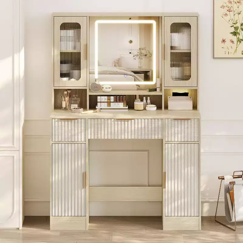 Makeup Vanity Desk with Mirror and 3 Drawers, Bedroom Dressing Table Set
