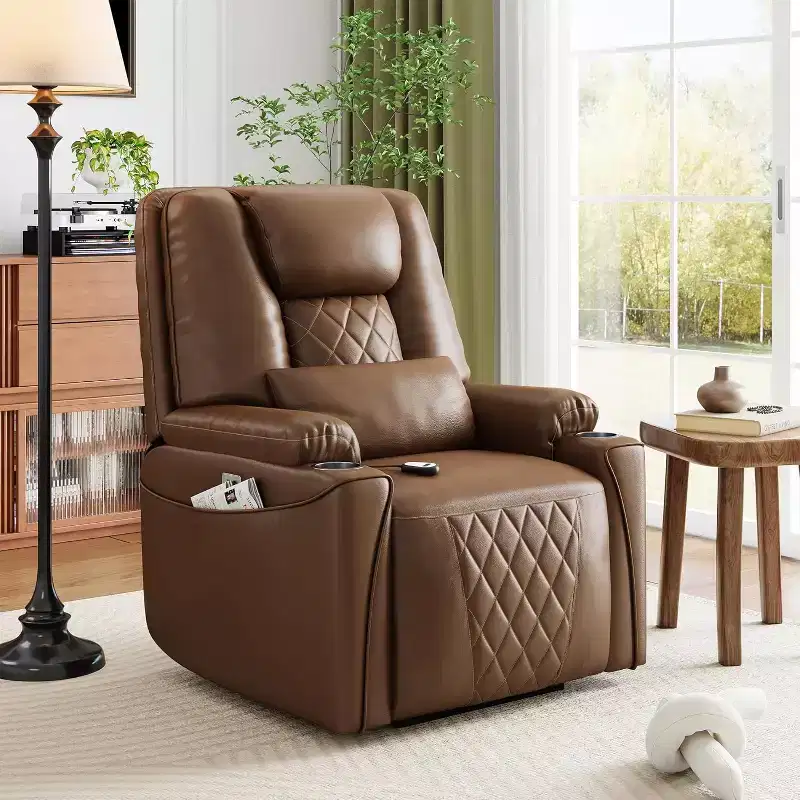 Power Lift Recliner Chair in PU Leather with Charging Ports, Cup Holders, Electric Stand Assist and Remote Control, Brown
