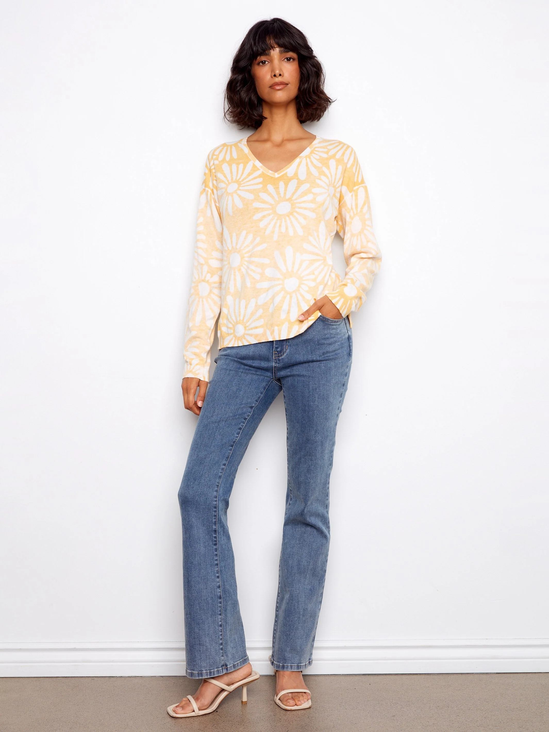 Reversible Printed V-Neck Sweater - Yellow